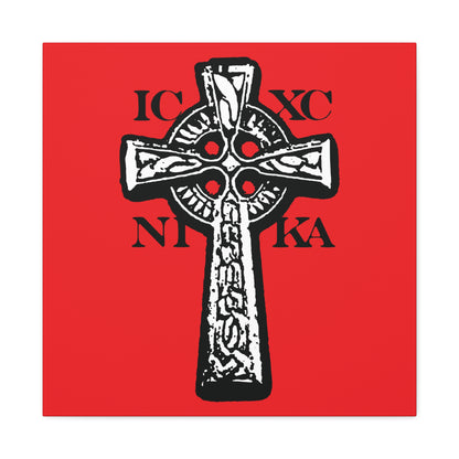 The ICXC NIKA Celtic Knotwork Cross features a black and white cross with Greek letters on a red background, symbolizing Jesus Christ Conquers. This traditional Orthodox Christian wall art reflects the enduring power of the Cross.