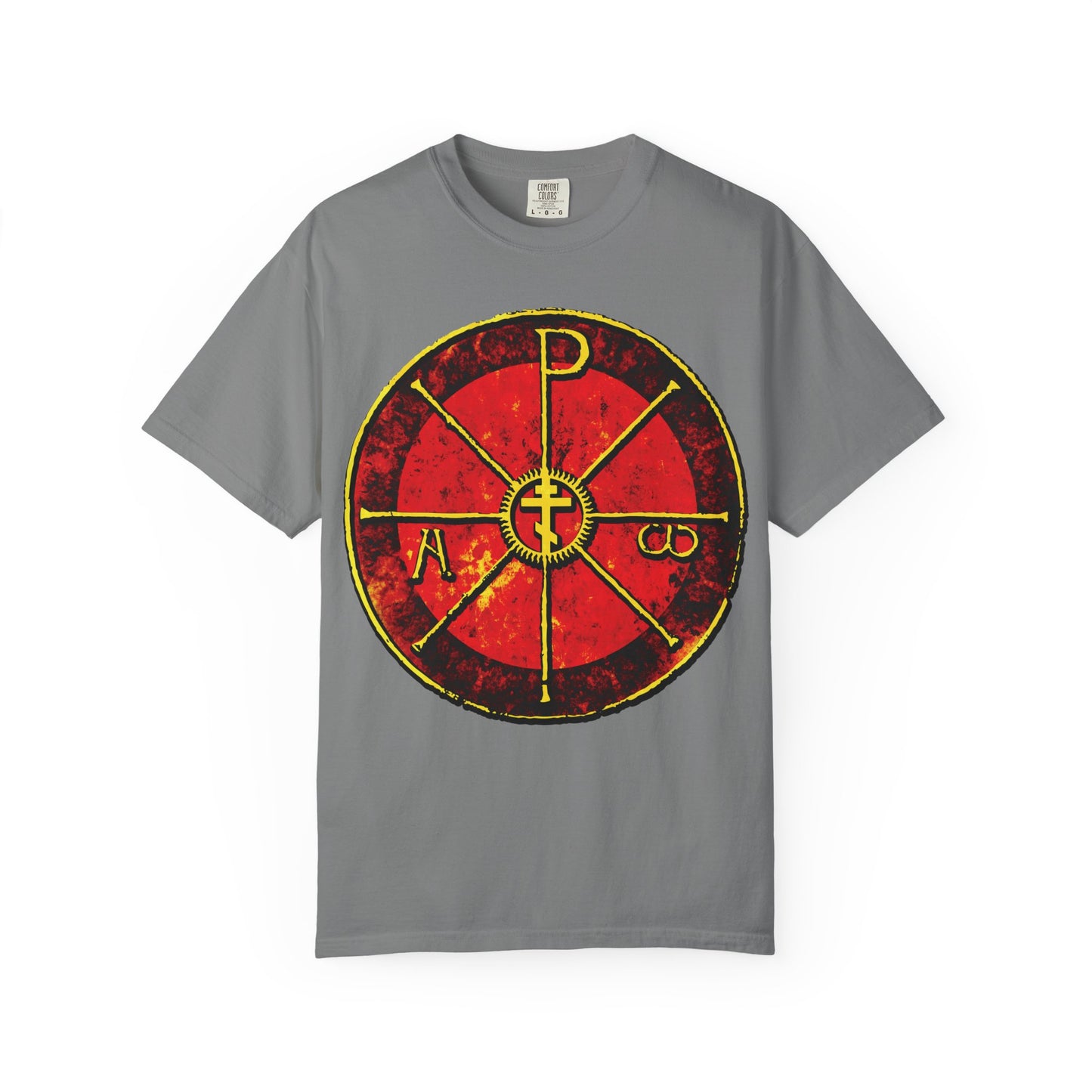 Grey Alpha & Omega Chi Rho Orthodox Cross T-shirt showcases an ancient Christogram design with Greek letters, inspired by the Chrismon of Saint Ambrose from Milan’s Duomo. Heavyweight cotton for comfort and style.