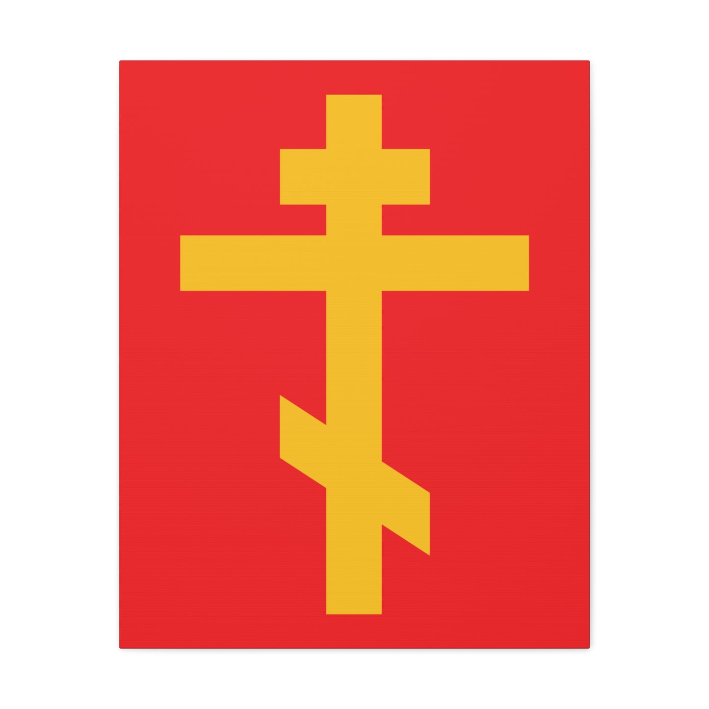 The "Yellow Orthodox Cross Red Background" canvas art symbolizes the Precious and Life-Giving Weapon of Unseen Warfare and the Scourge of Demons, inspired by faith as expressed in Galatians 2:20.