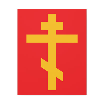 The "Yellow Orthodox Cross Red Background" canvas art symbolizes the Precious and Life-Giving Weapon of Unseen Warfare and the Scourge of Demons, inspired by faith as expressed in Galatians 2:20.