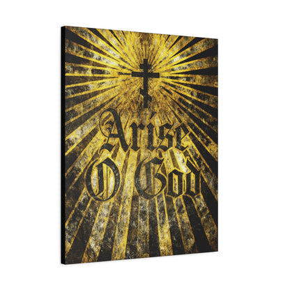 Featuring "Arise O God" in a textured Gothic font with an Orthodox cross and golden rays, inspired by Psalm 81 (82 LXX) and the Divine Council worldview—Orthodox Christian wall art.