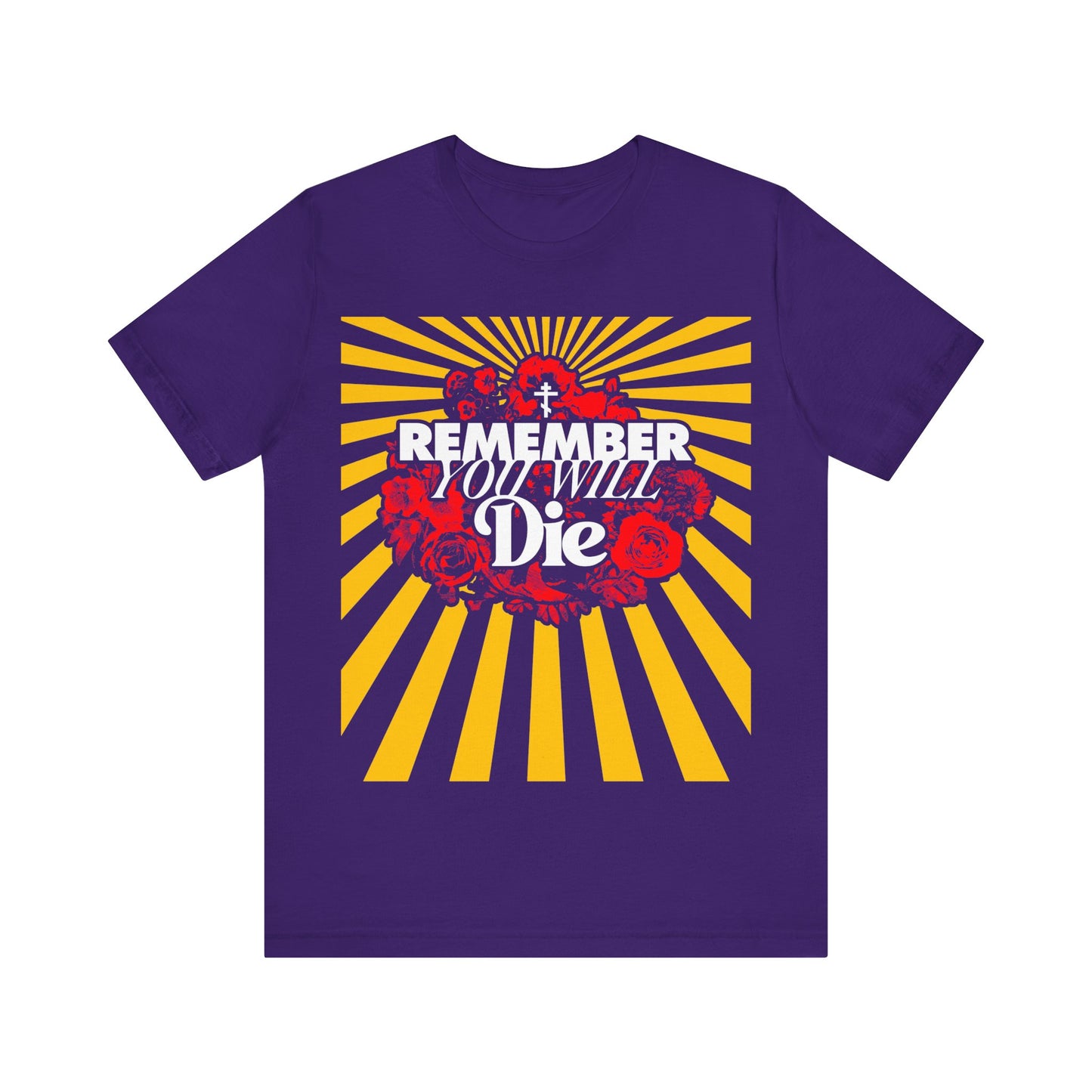 Remember You Will Die Red & Yellow Pop Art Design | Orthodox Cross | Memento Mori | Roses & Rays | Christian Lightweight Cotton Unisex Tee