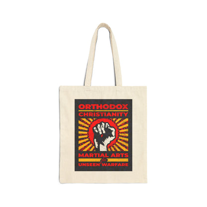 Orthodox Christianity: Martial Arts for Unseen Warfare | NIKA Jesus Fist on Colorful Sunburst Design | Orthodox Christian Tote Bag