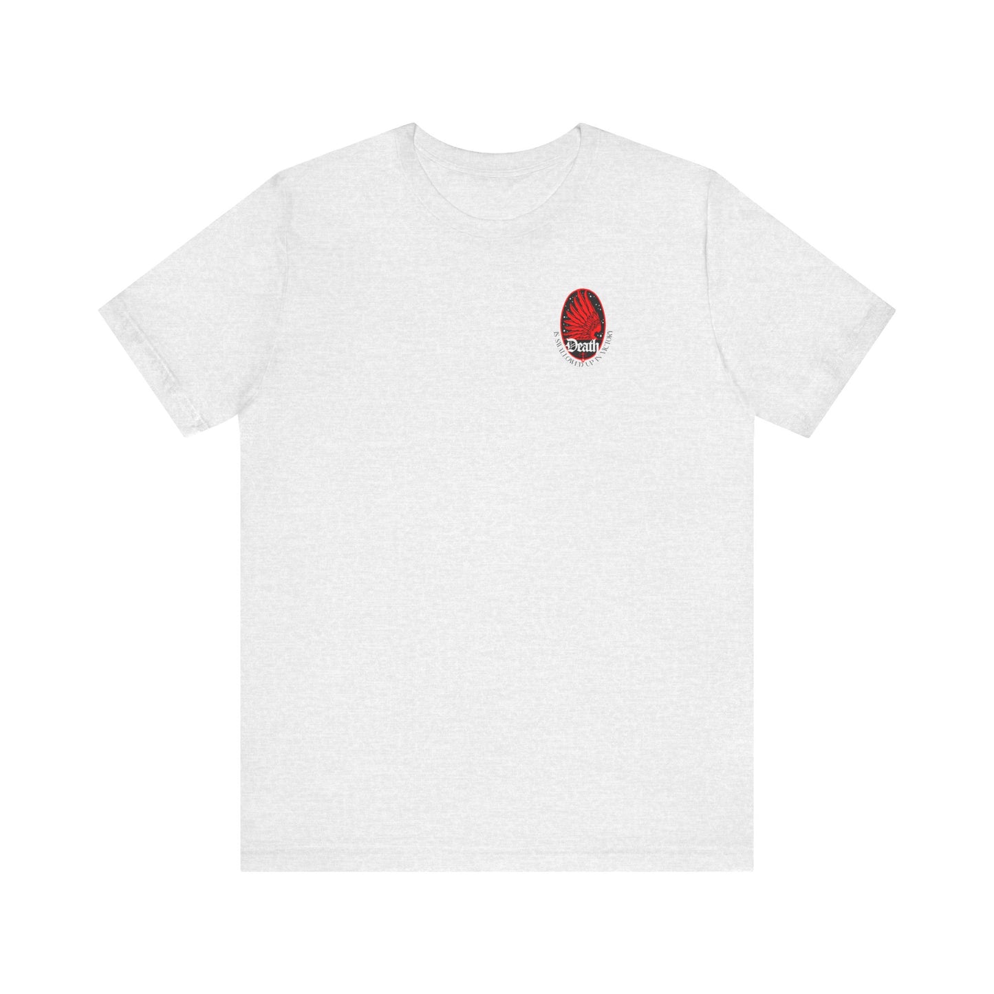 Ash t-shirt featuring a small Art Nouveau eagle wing & stars design with "Death is Swallowed Up In Victory (1 Cor 15:54)" on the left chest, symbolizing victory over death. Lightweight Orthodox cotton, unisex fit.