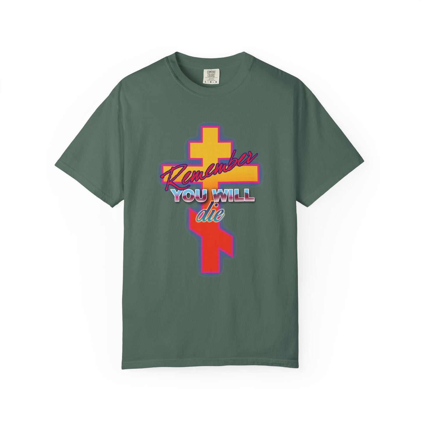 Remember You Will Die 80s Design | Glowing Synthwave Retro Orthodox Cross | Precious Life-Giving Cross | Heavyweight Cotton Unisex T-Shirt