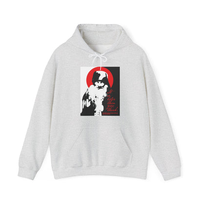 Printify’s “It’s Later Than You Think” hoodie features Fr Seraphim Rose in black and white within a red circle, plus red cursive Life is deeper than you think text. Includes front pocket and drawstrings; inspired by Orthodox spirituality.