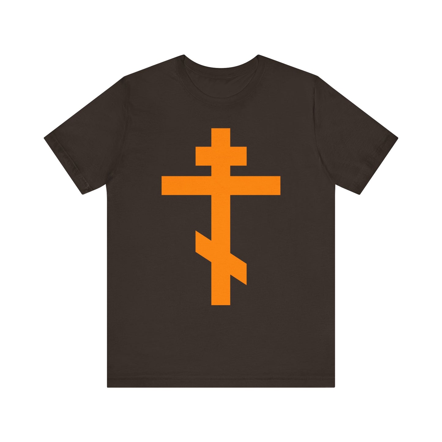 Brown T-shirt featuring a large orange Orthodox tribar cross on the front, inspired by the Troparion "Preserve Thy People By Thy Cross, O Lord" and celebrating Christ as King.