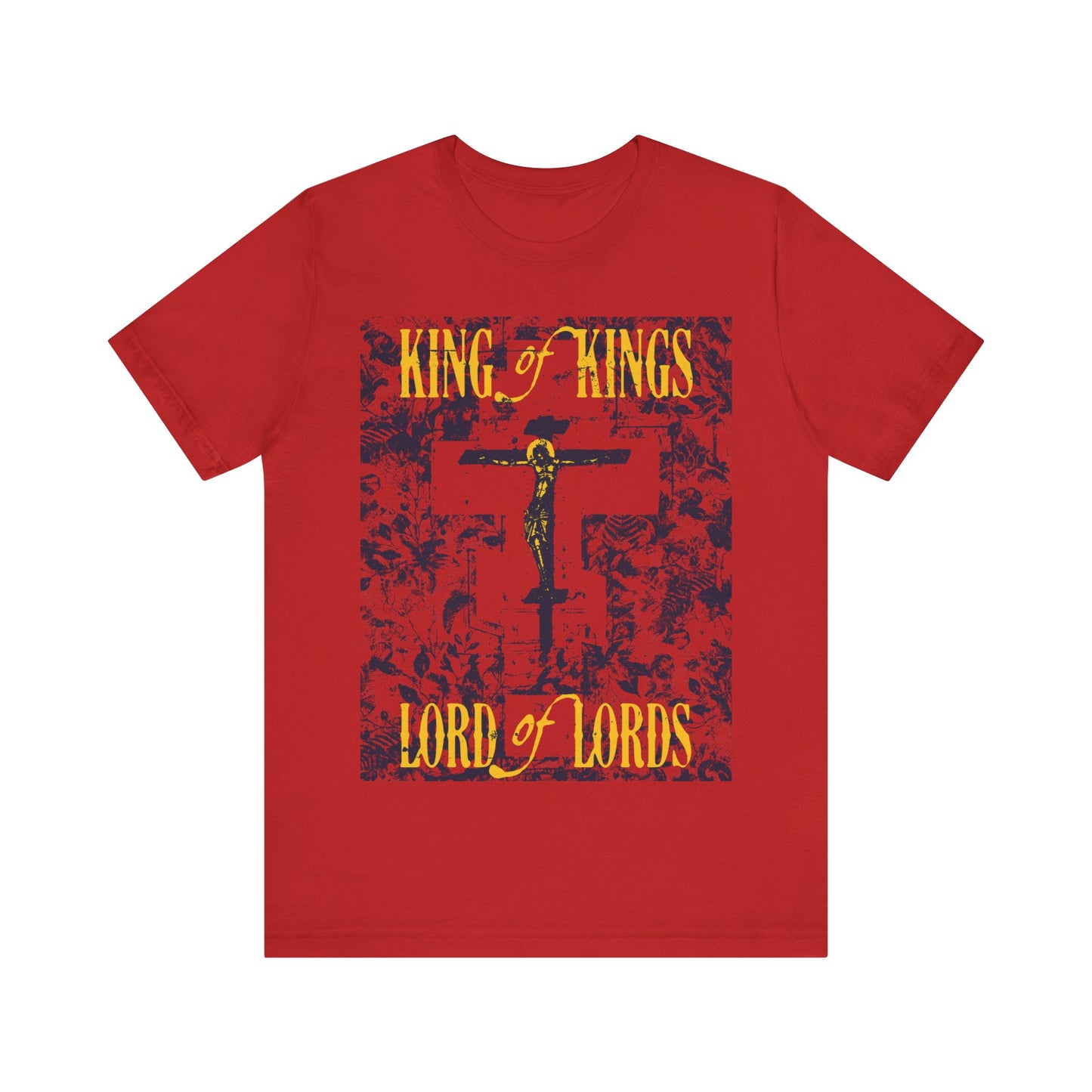 King of Kings, Lord of Lords | Christ Crucified Orthodox Icono-Graphic | Yellow & Red Design | Nature Texture | Lightweight Cotton Unisex T-Shirt