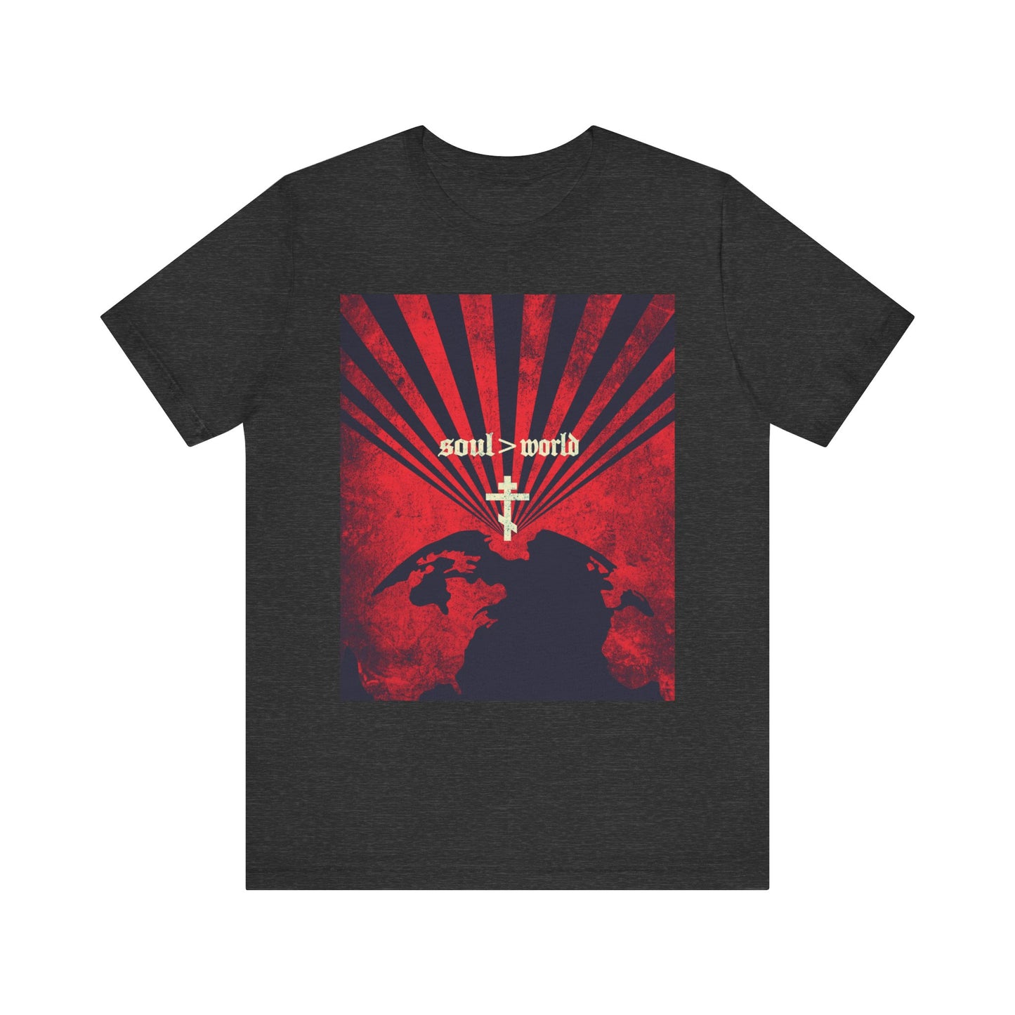 Dark Grey Heather t-shirt featuring the "What Shall it Profit a Man" design inspired by Matthew 16:26, with bold red earth rays, "Soul Is Greater Than World" text, a white cross, and a partial globe motif—a lightweight cotton unisex tee that artistically encourages you to take up your cross and follow your faith.