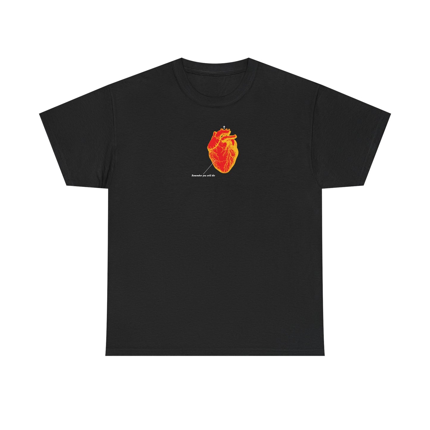 Black unisex tee featuring a red and orange antique medical textbook heart design with 'Memento Mori' Christian message; midweight cotton.