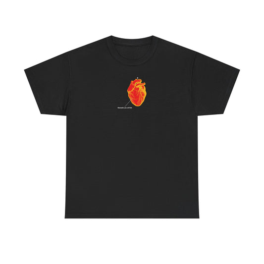 Black unisex tee featuring a red and orange antique medical textbook heart design with 'Memento Mori' Christian message; midweight cotton.