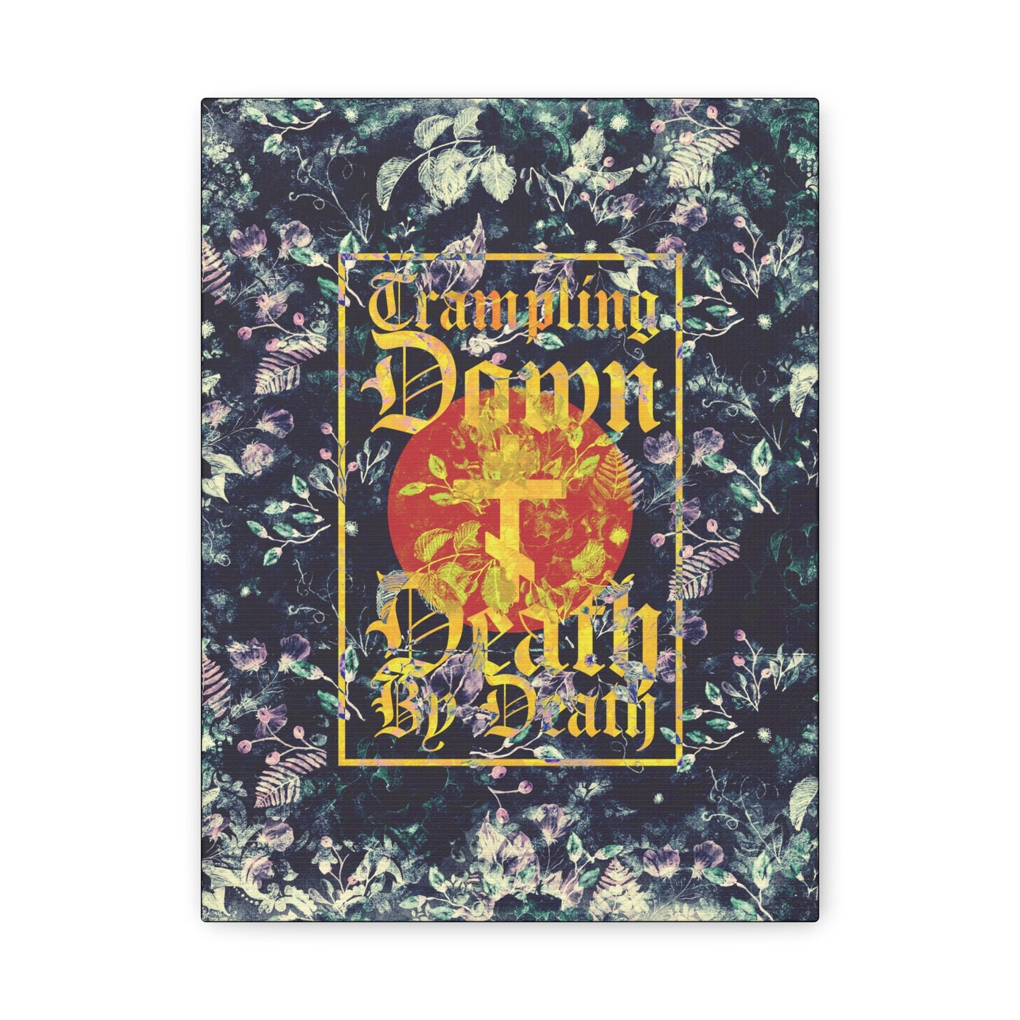 Trampling Down Death By Death | Paschal Floral Design with Gothic Script and Three-Bar Cross | Orthodox Christian Canvas Art