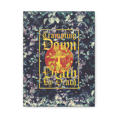 Trampling Down Death By Death | Paschal Floral Design with Gothic Script and Three-Bar Cross | Orthodox Christian Canvas Art