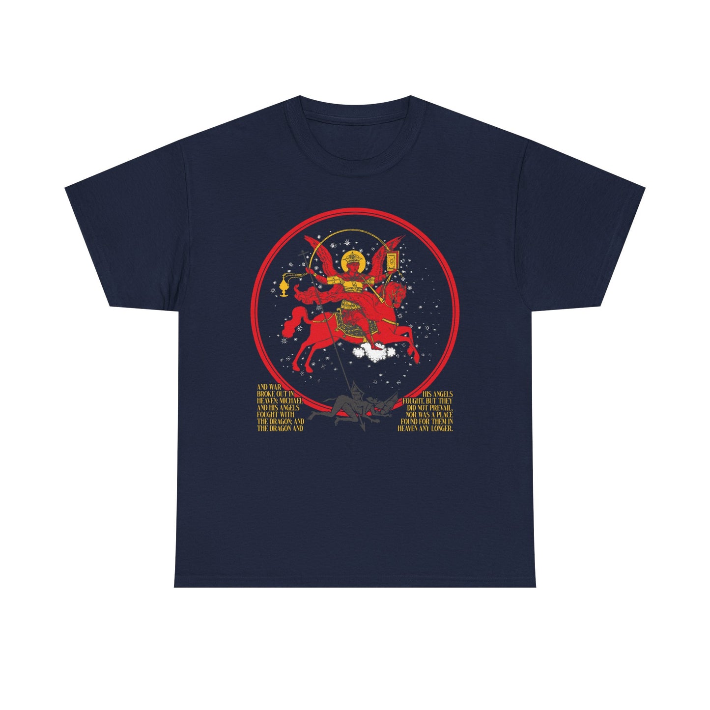 Navy Archangel Michael of the Apocalypse Iconographic tee—double-sided midweight cotton—features Michael as a winged warrior on a red horse with gold text and red circle, inspired by Revelation 12:7-9. Unisex Orthodox style.