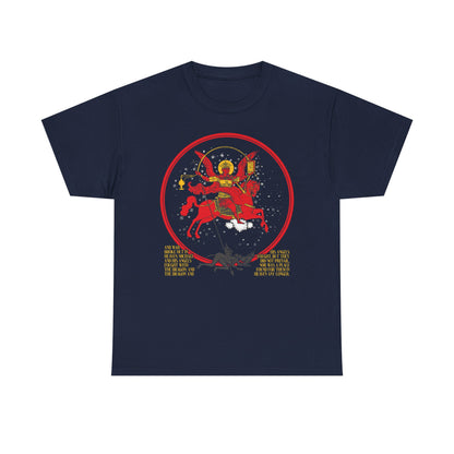 Navy Archangel Michael of the Apocalypse Iconographic tee—double-sided midweight cotton—features Michael as a winged warrior on a red horse with gold text and red circle, inspired by Revelation 12:7-9. Unisex Orthodox style.