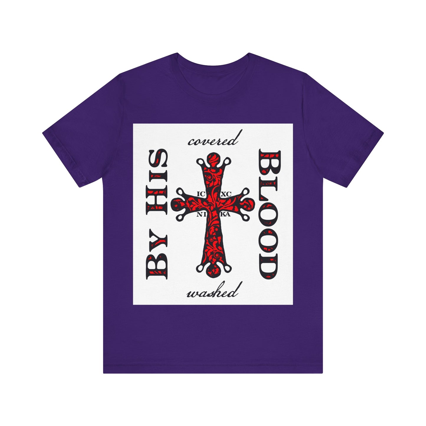 Washed/Covered By His Blood (1 John 1:7) | ICXC NIKA Ornate Red Orthodox Cross | Orthodox Christian Cotton T-Shirt