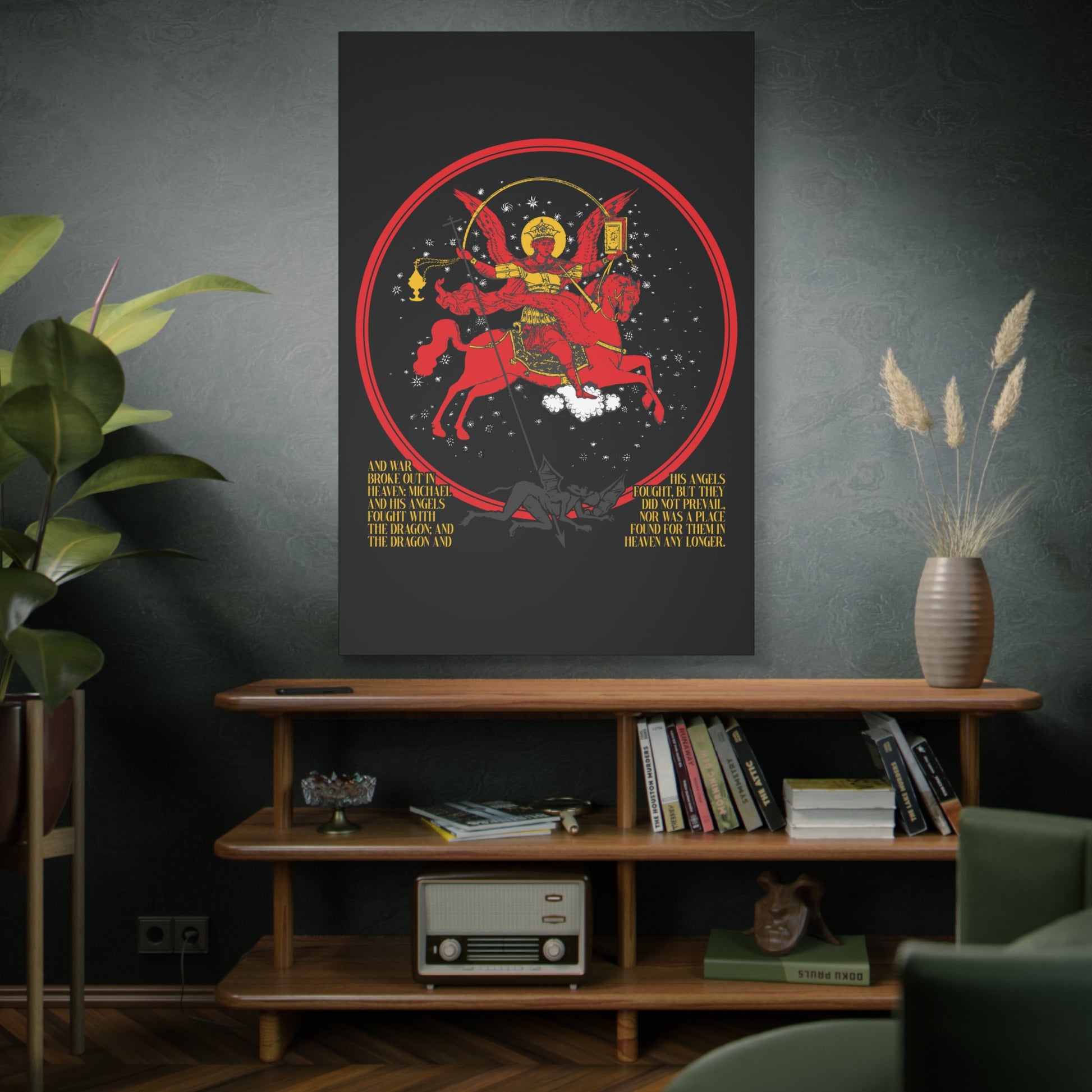 A modern living room featuring the "Archangel Michael of the Apocalypse Icono-Graphic" Christian Canvas Art (Rev 12:7-9) above a wooden console table.