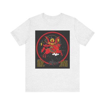 Ash lightweight cotton unisex t-shirt with a double-sided Archangel Michael of the Apocalypse iconographic graphic—Michael on a red horse, stars, and "Death is Swallowed Up In Victory" text below; inspired by Revelation 12:7-9.