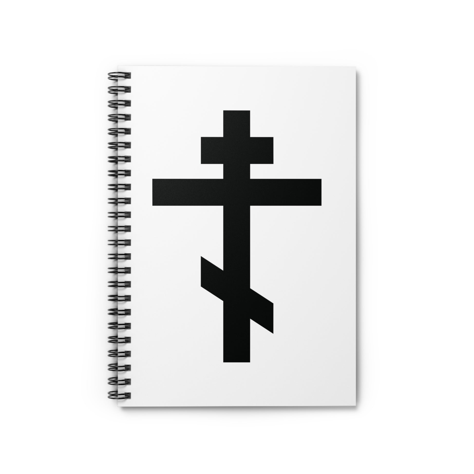 Orthodox spiral notebook featuring a bold black cross on white, with the quote: "May I never boast, except in the cross of our Lord Jesus Christ" (Gal 6:14). Inspired by Eastern Orthodox tradition.