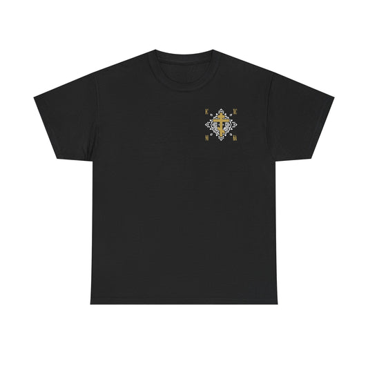 Gold Orthodox Cross ICXC NIKA  (Small Design) | White Medieval Ornate Floral Pattern | Jesus Christ Conquers | Midweight Cotton Unisex Tee