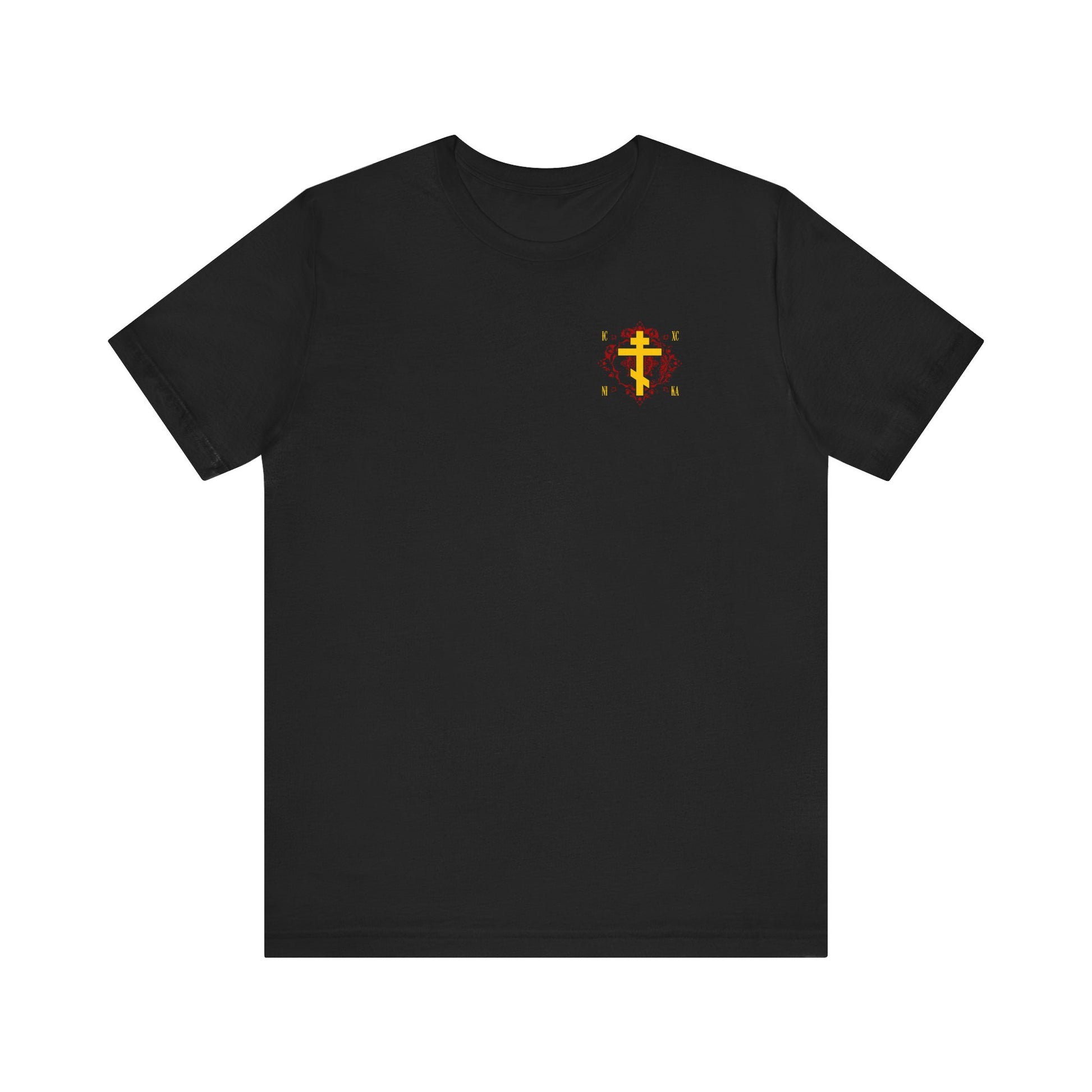 Black lightweight cotton unisex tee featuring a small ICXC NIKA yellow Orthodox Cross on an ornate red background on the left chest. Inspired by the teachings of St Kosmas Aitolos.