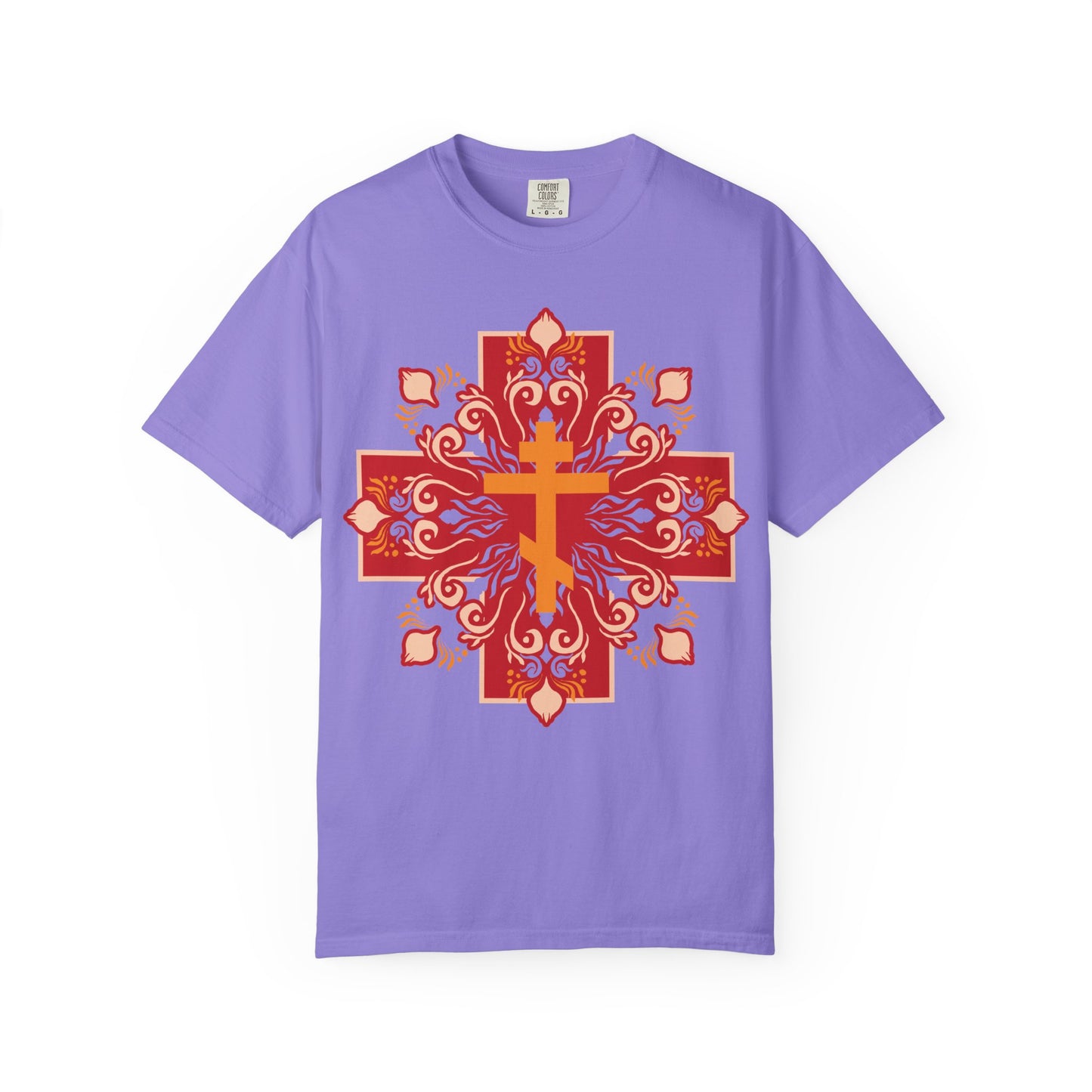 Orange & Red Orthodox Cross Colorful Festive Design | By His Wounds You Have Been Healed (1 Peter 2:24) | Orthodox Heavyweight Cotton Unisex Tee