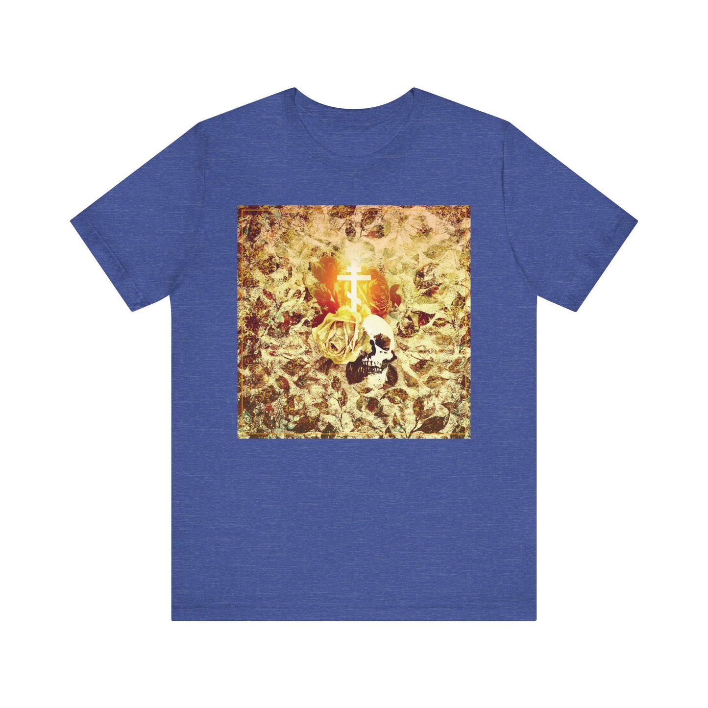 Heather True Royal unisex tee with a glowing Orthodox cross, rose and skull floral graphic—gothic Christian aesthetic inspired by Ezekiel's prophecy and the word of the Lord. Lightweight cotton for comfort.