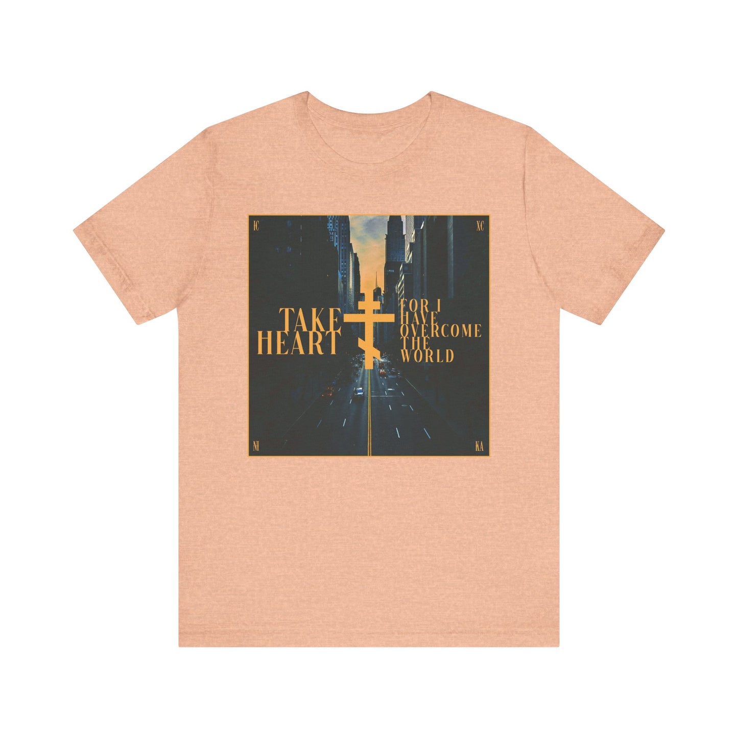 Take Heart, For I Have Overcome the World (John 16:33) | Redemptive Modern City Street Scene Design | Lightweight Cotton Unisex Tee