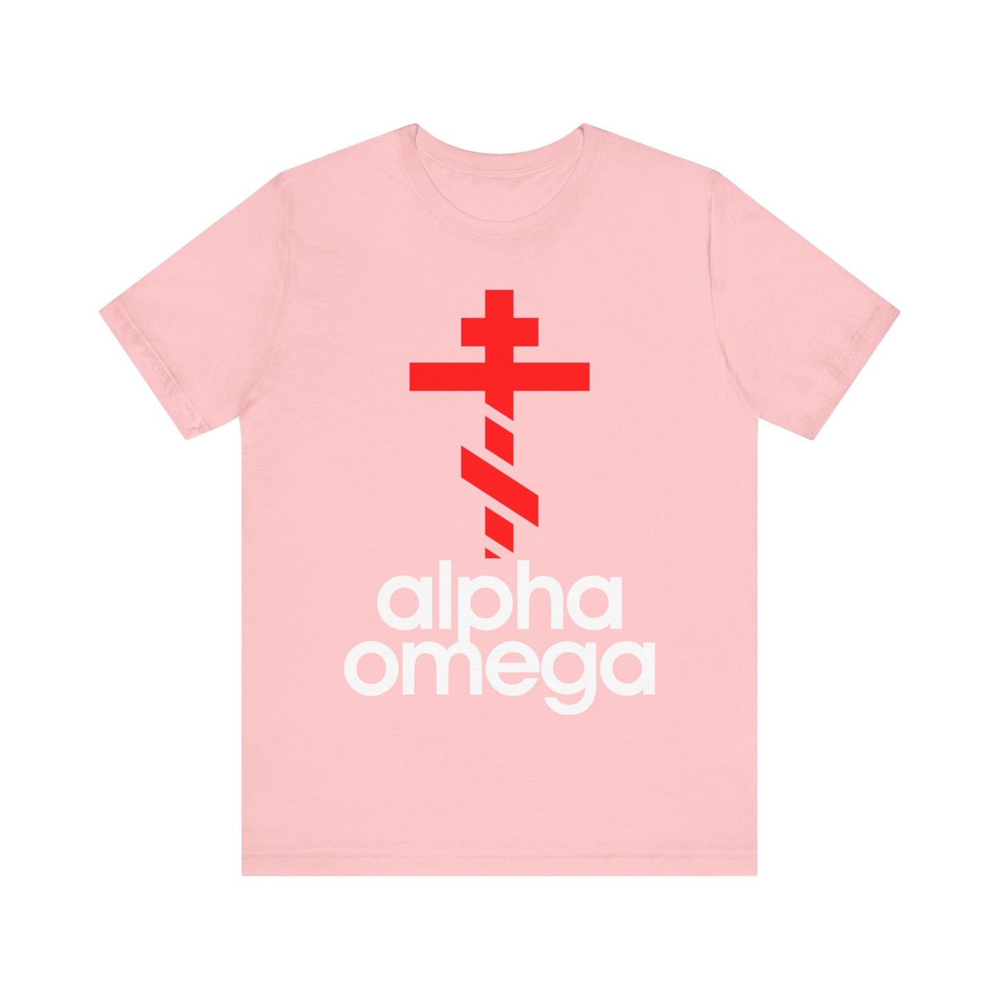 Alpha & Omega Red Orthodox Cross (Large Design) | Minimalist Adidas Inspired Logo Mashup | Orthodox Lightweight Cotton Unisex Tee