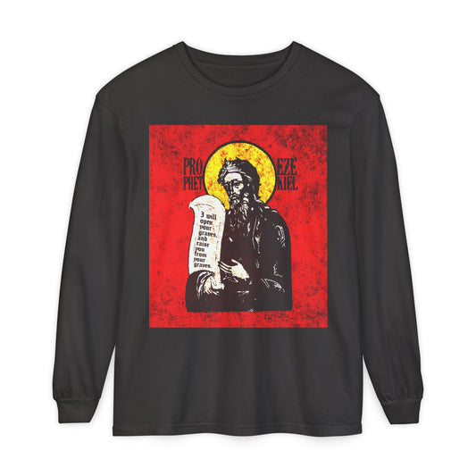 Prophet Ezekiel IconoGraphic | Textured, High Contrast Bright Red and Yellow Design | Old Testament | Orthodox Christian Long Sleeve Shirt