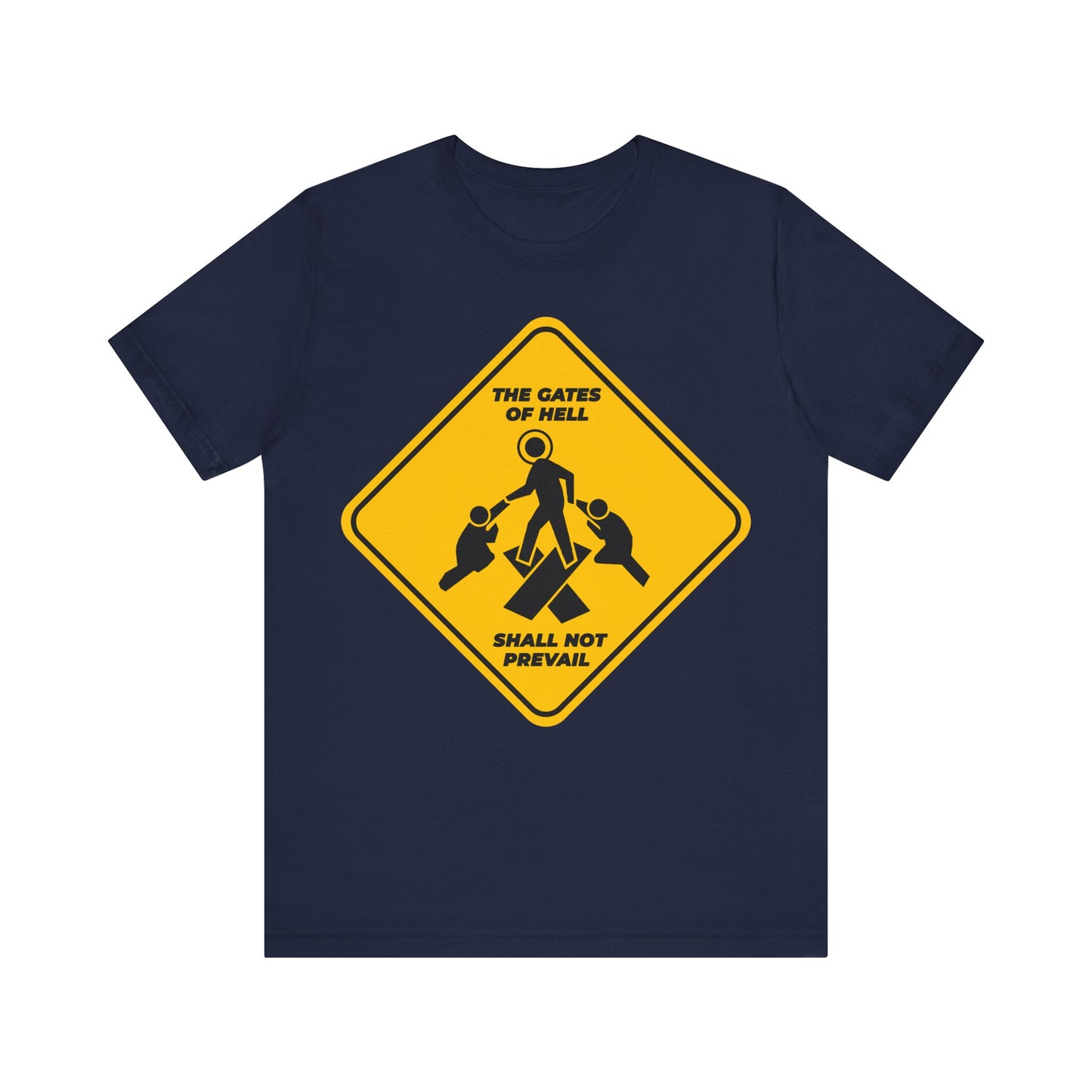 Gates of Hell Shall Not Prevail | Yellow Street Sign Minimalist Pascha Icon | Trampling Down Death By Death | Lightweight Cotton Unisex Tee