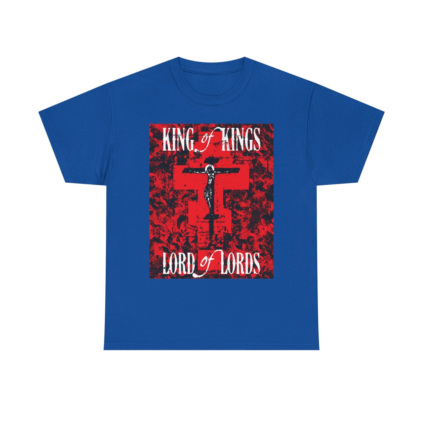 King of Kings, Lord of Lords | Christ Crucified Icono-Graphic | Red Cross Nature Texture w/ White Text | Midweight Cotton Unisex Tee