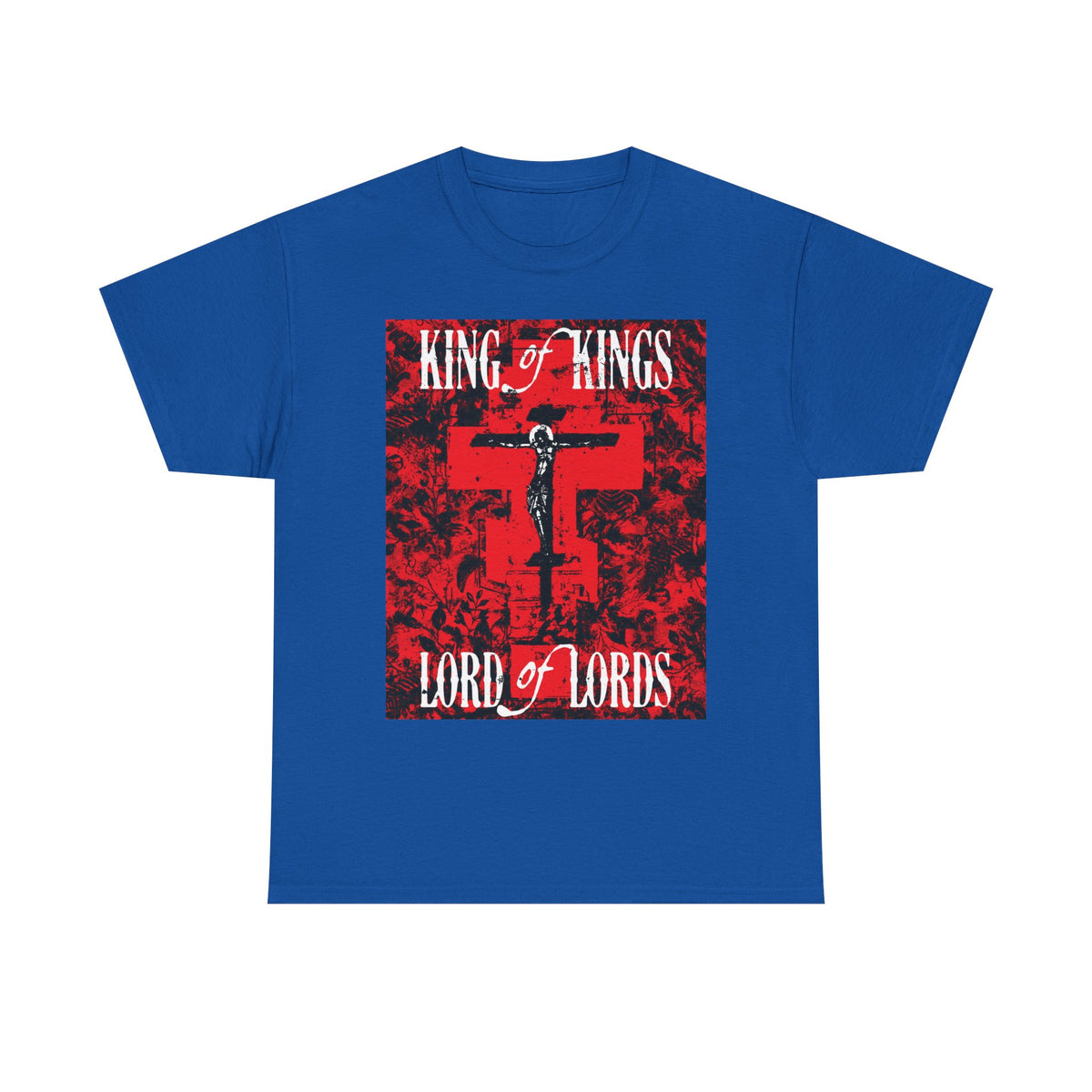 Royal blue "King of Kings, Lord of Lords" midweight cotton tee with a red cross nature texture graphic and white text, inspired by Revelation 19:11-16. Unisex fit.