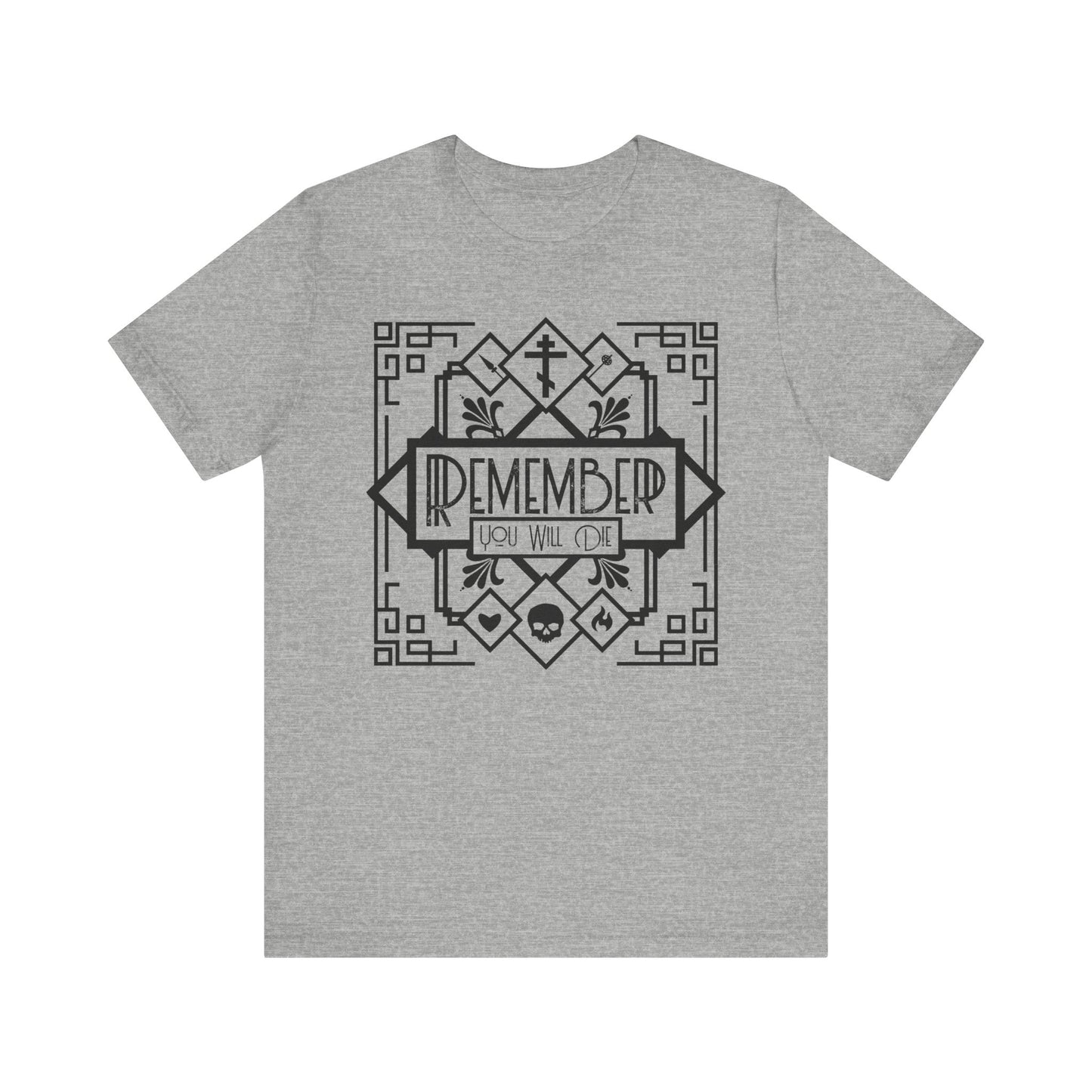 Athletic Heather unisex t-shirt featuring a black and white Art Deco skull, heart, and fire design with "Remember You Will Die" text; inspired by Orthodox hymns. Made from lightweight cotton.