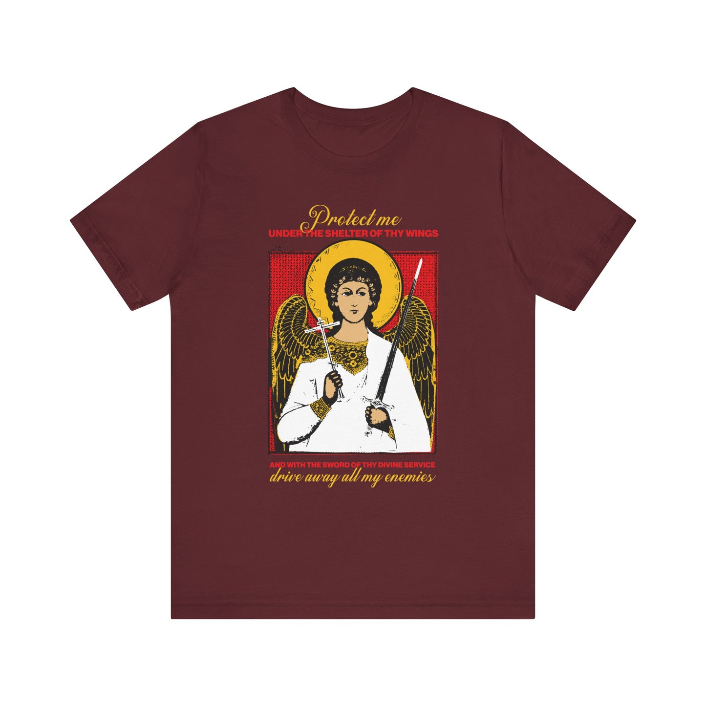 Maroon lightweight cotton unisex t-shirt featuring a Holy Guardian Angel holding sword & cross icono-graphic with a protection prayer: "Drive Away My Enemies"—ideal for those seeking divine protection.