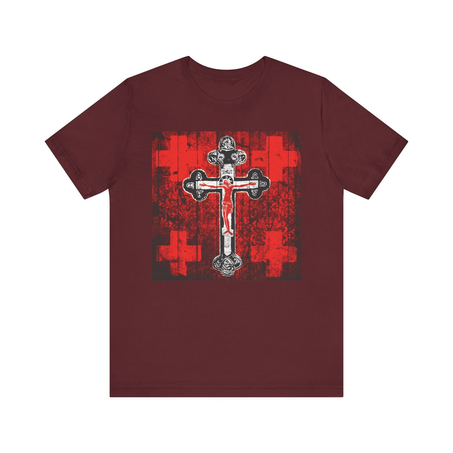Maroon Alpha & Omega Art Cross tee with a red, white & black graphic of the Crucifixion in Orthodox iconographic style. Lightweight cotton, unisex design.