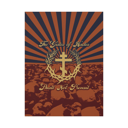 The Gates of Hades Shall Not Prevail | Cross with Wreath & Crown of Thorns | Skulls and Rays | Orthodox Christian Canvas Art