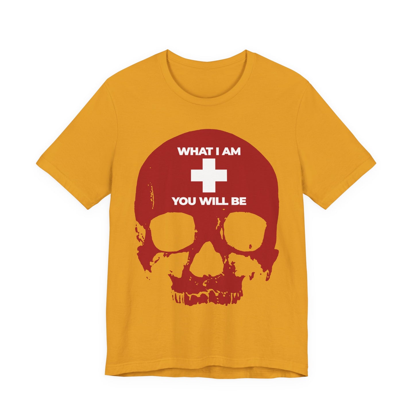 Mustard-colored “What I Am You Will Be White Cross on Red Skull” Orthodox Christian unisex cotton tee featuring a red skull, white cross, and the phrase “WHAT I AM YOU WILL BE”—a memento mori inspired by Ecclesiastes and timeless spiritual wisdom.