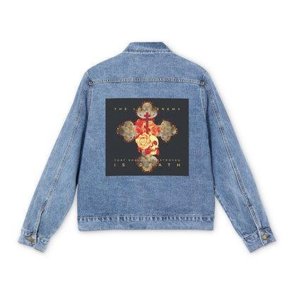The Remembrance of Death Orthodox Christian Jean Jacket, "The Final Enemy That Shall Be Destroyed Is Death (1 Cor 15:26)," features a metallic gothic cross, rose, and skull patch—celebrating Christ's resurrection, inspired by 1 Corinthians 15:26.