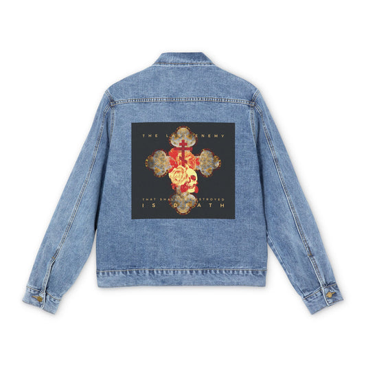 The Remembrance of Death Orthodox Christian Jean Jacket, "The Final Enemy That Shall Be Destroyed Is Death (1 Cor 15:26)," features a metallic gothic cross, rose, and skull patch—celebrating Christ's resurrection, inspired by 1 Corinthians 15:26.