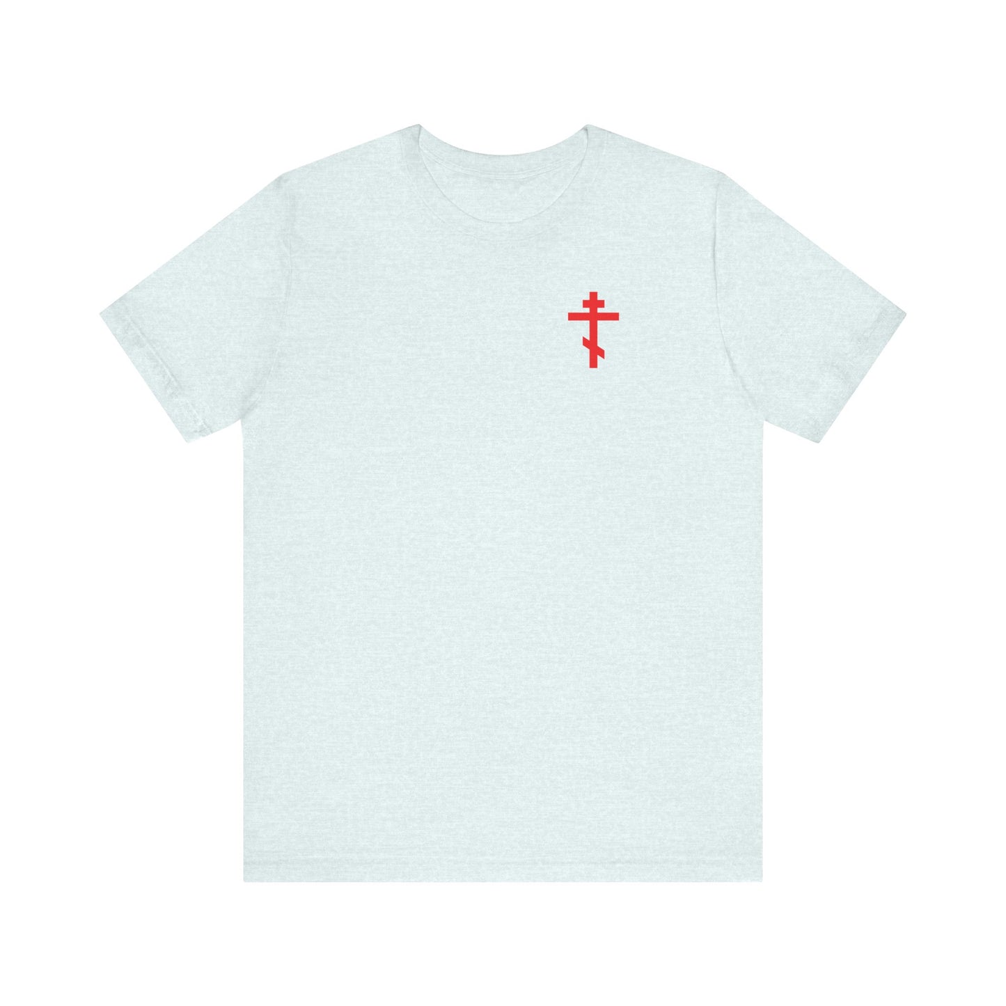 Heather ice blue unisex tee with a small red Orthodox cross on the front left chest and “Always Live In Remembrance of Death” crown of thorns design on the back, inspired by St. John Climacus. Lightweight cotton.
