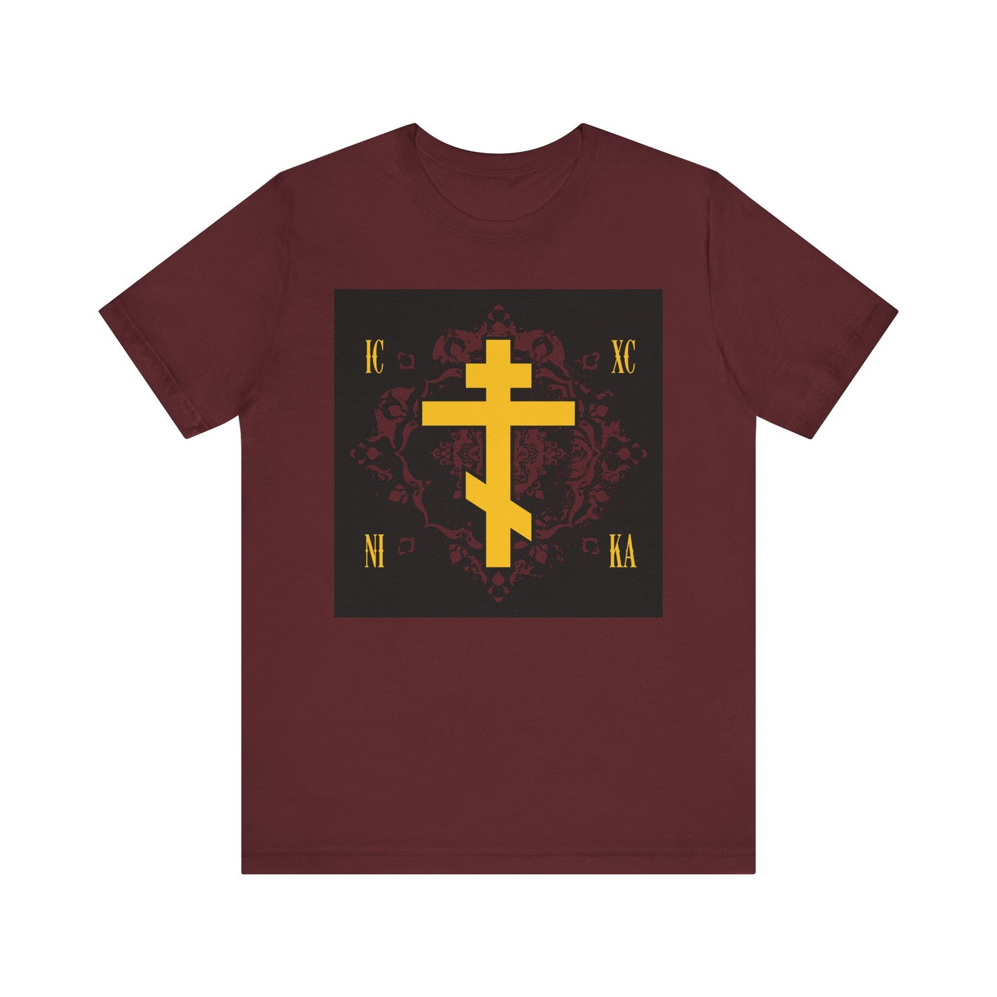 Certainly! Here’s a rewritten sentence using your product data: Maroon ICXC NIKA Lightweight Cotton Unisex T-Shirt featuring a yellow Orthodox Cross on an ornate red background with Cyrillic letters, inspired by the grace of sonship as taught by St Kosmas Aitolos.