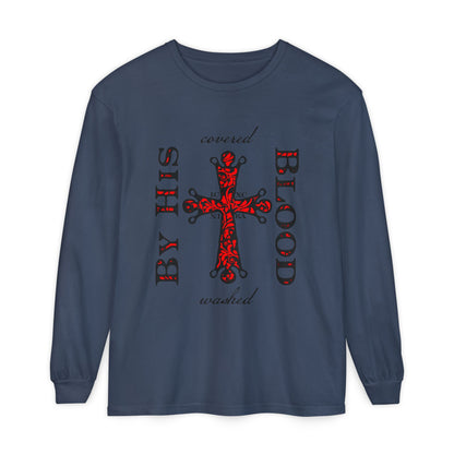 Washed/Covered By His Blood (1 John 1:7) | ICXC NIKA Ornate Red Orthodox Cross | Orthodox Christian Long Sleeve Shirt