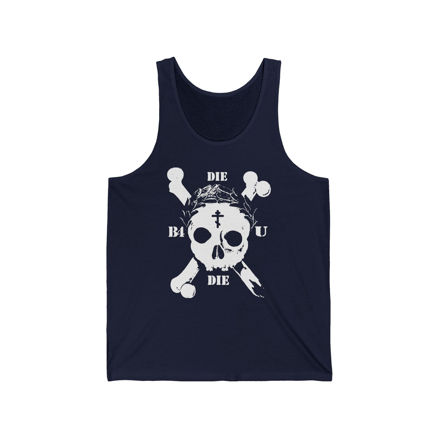 Navy 'Die Before You Die' tank top featuring a retro skull & crossbones, Orthodox cross, laurel wreath, and bold Memento Mori message—a striking ascetic Christian reminder.