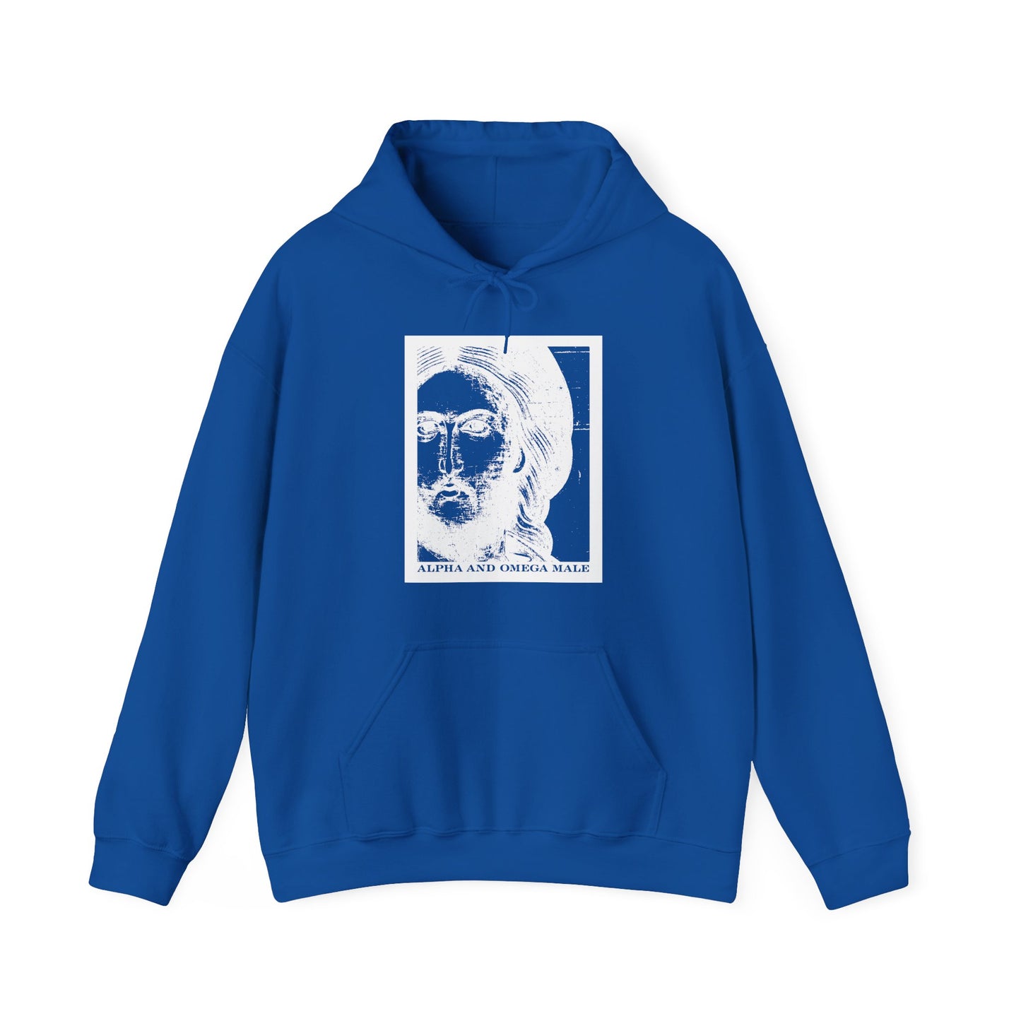 Royal blue hoodie featuring a white photonegative graphic of Jesus Christ and the text "Alpha & Omega Male – I am the Beginning & the End (Rev 22)" on the front. Orthodox Christian cotton/poly blend.