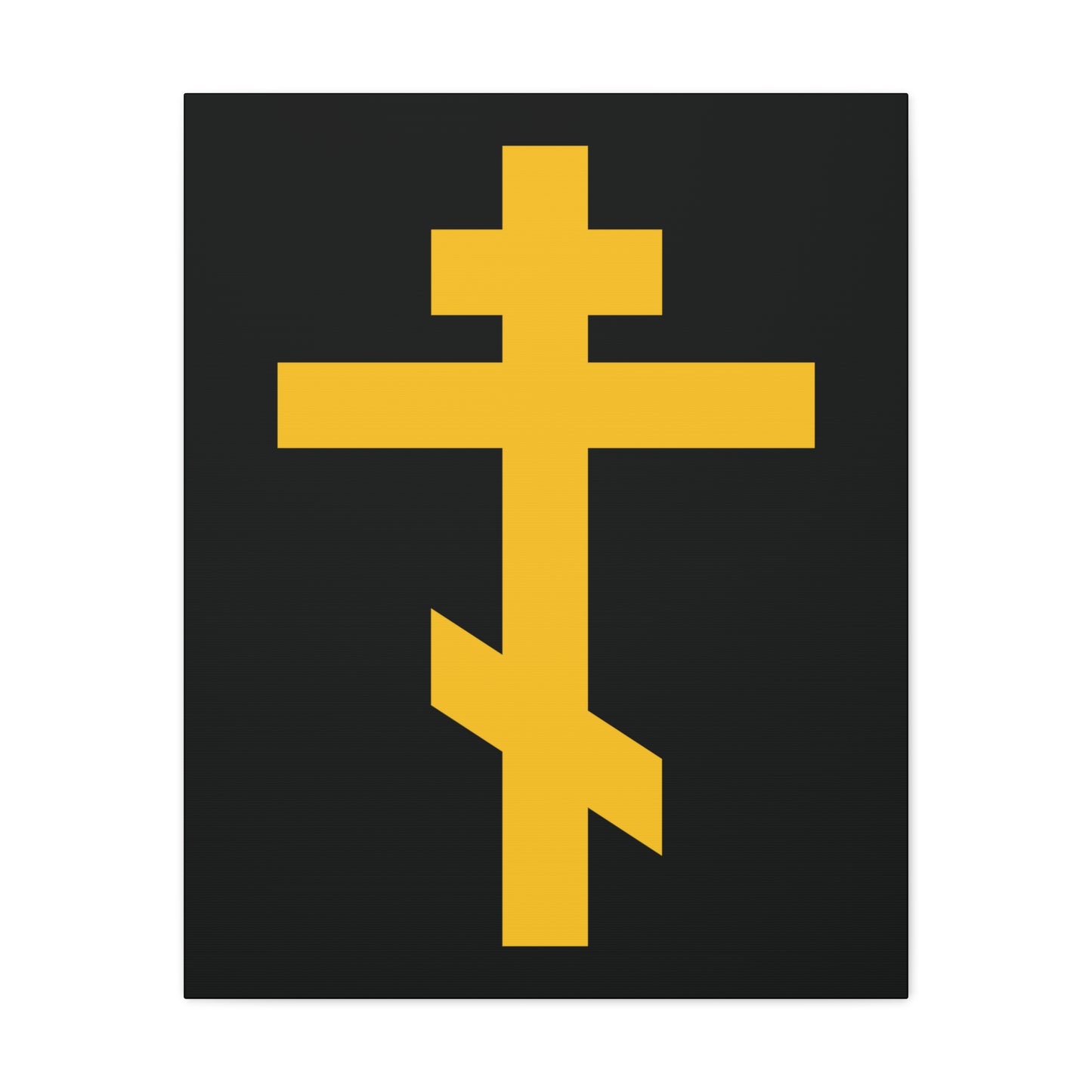 The Yellow Orthodox Cross Black Background canvas art symbolizes being crucified with Christ, reflecting Galatians 2:20—Christ lives in me. This artwork proclaims the cross as a precious, life-giving weapon and scourge of demons.