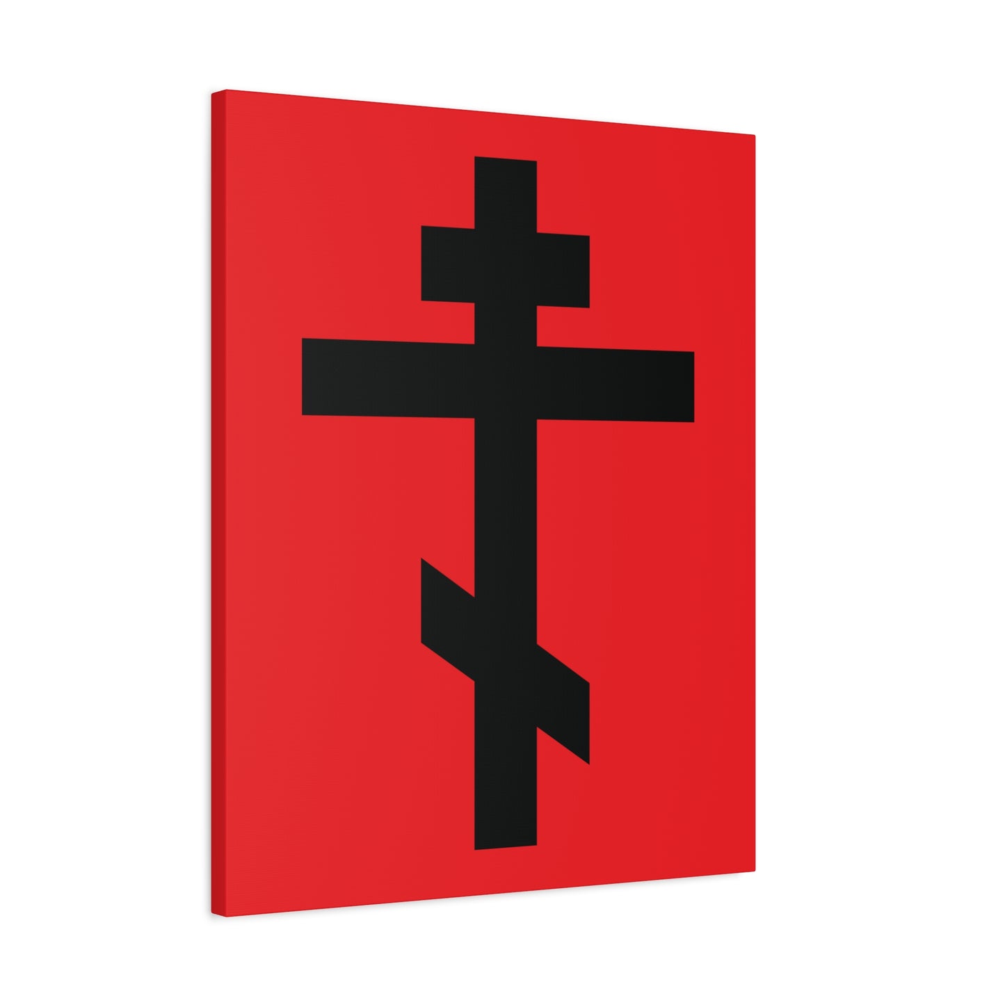 The "Black Orthodox Cross Red Background" canvas art features a striking black cross on vivid red, bearing the verse Gal 6:14: "May I never boast, except in the cross of our Lord Jesus Christ"—a reverent Orthodox decor piece.