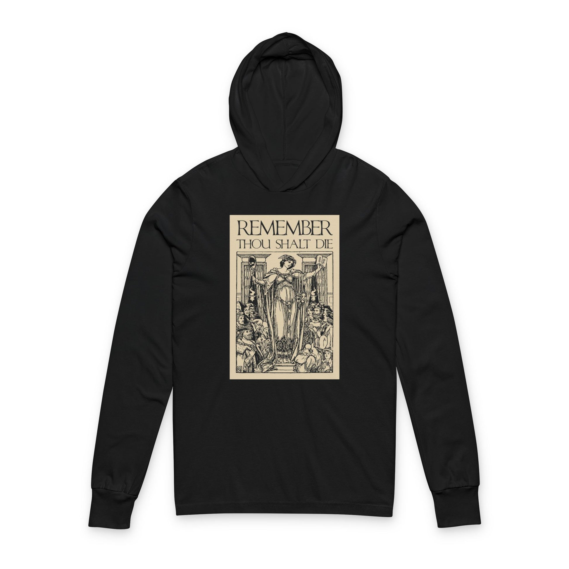 Black Remember You Will Die hoodie featuring a Shakespearean woodcut design and Orthodox Christian memento mori theme, inspired by classic reflection on mortality.