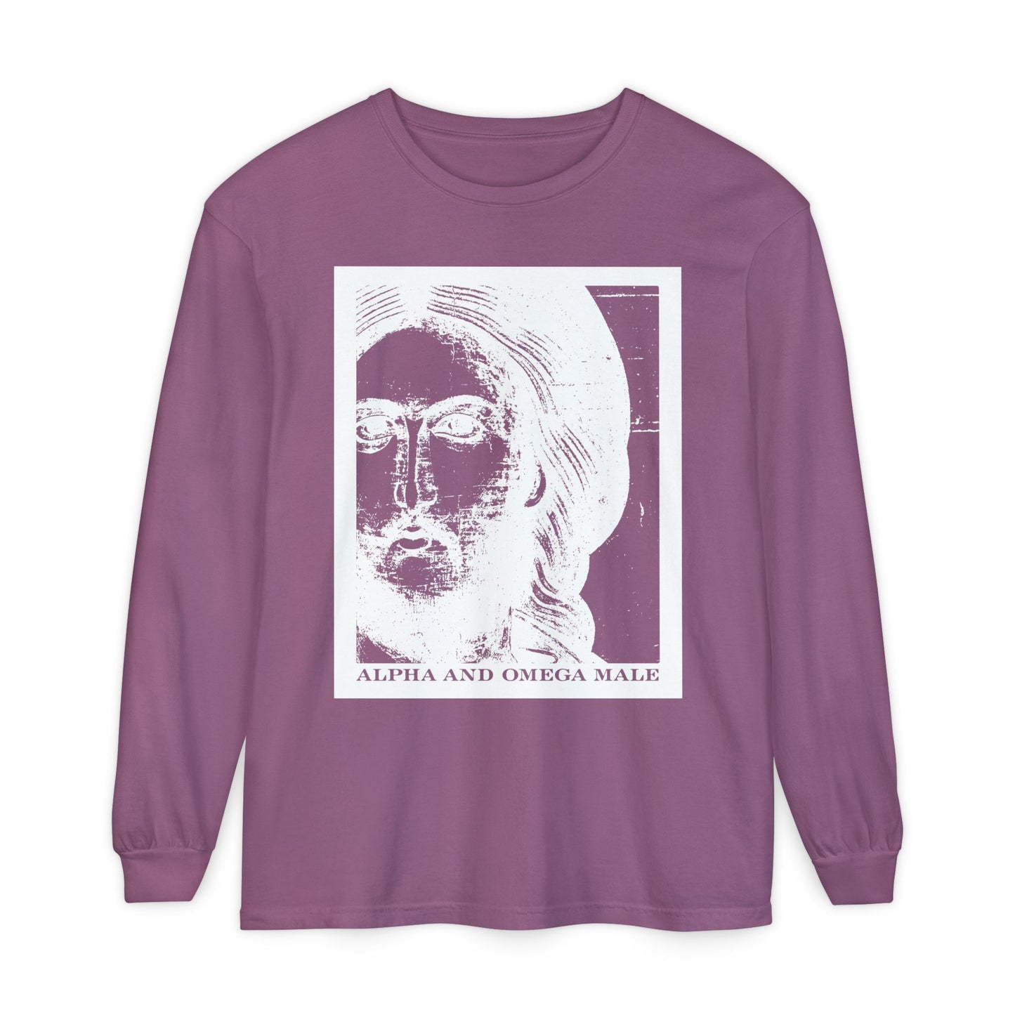 Berry long-sleeve cotton shirt featuring a white photonegative face graphic and "Alpha & Omega Male" text, inspired by Jesus Christ as the Beginning and the End (Rev 22).
