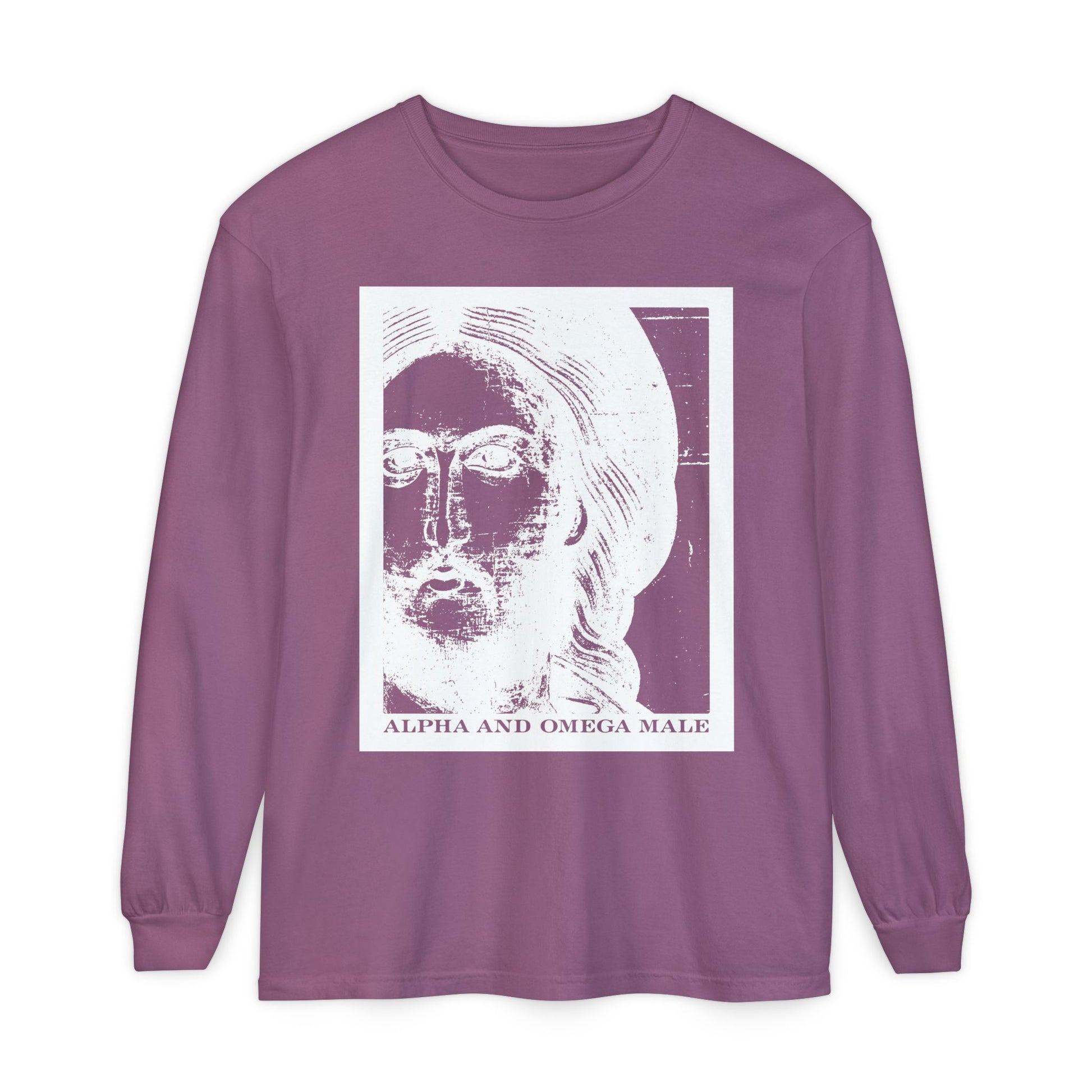 Berry long-sleeve cotton shirt featuring a white photonegative face graphic and "Alpha & Omega Male" text, inspired by Jesus Christ as the Beginning and the End (Rev 22).